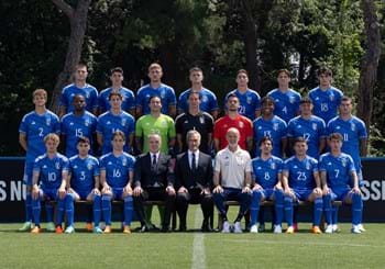 Euro 2023 photoshoot for the Azzurrini in adidas kit and Emporio Armani suits